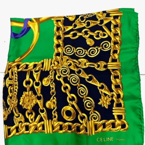Elegance Soft   Celine Paris  Scarf  100% Silk 34"x35"Green black Gold Chain(S75 - Picture 4 of 9
